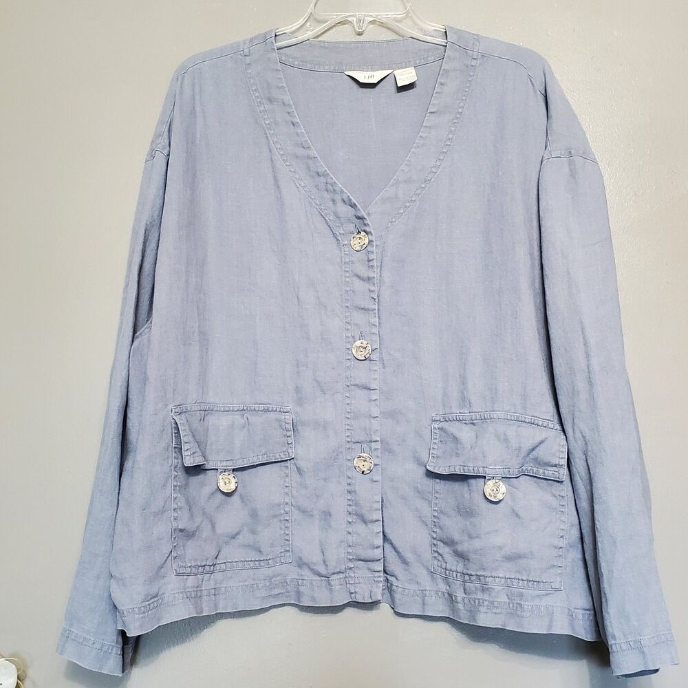 J. Jill 100% Linen Jacket Womens Size Large Light Blue Lightweight Pockets